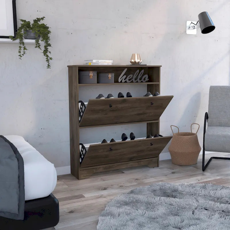 Shoe Rack, Superior Top, One Open Shelf, Two Extendable Shelves -Dark Brown