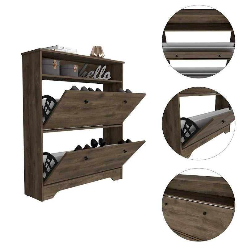 Shoe Rack, Superior Top, One Open Shelf, Two Extendable Shelves -Dark Brown
