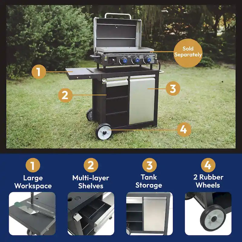 Universal Rolling Prep Cart for Portable Outdoor Griddle and Grills, Black - 52.8