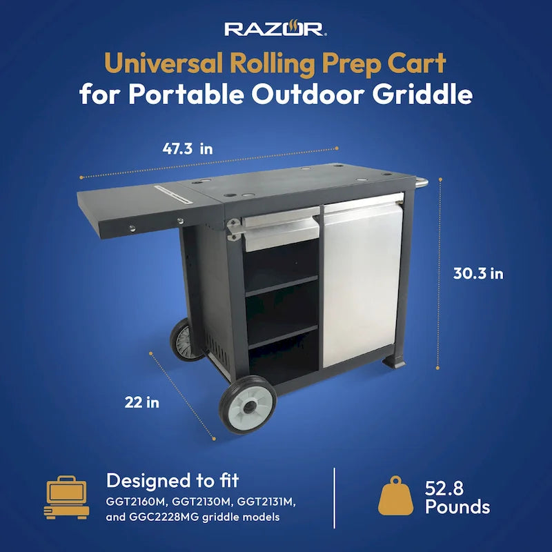 Universal Rolling Prep Cart for Portable Outdoor Griddle and Grills, Black - 52.8