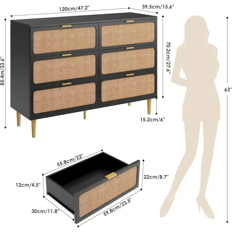 Rattan 6 Drawer Double Dressers for Bedroom