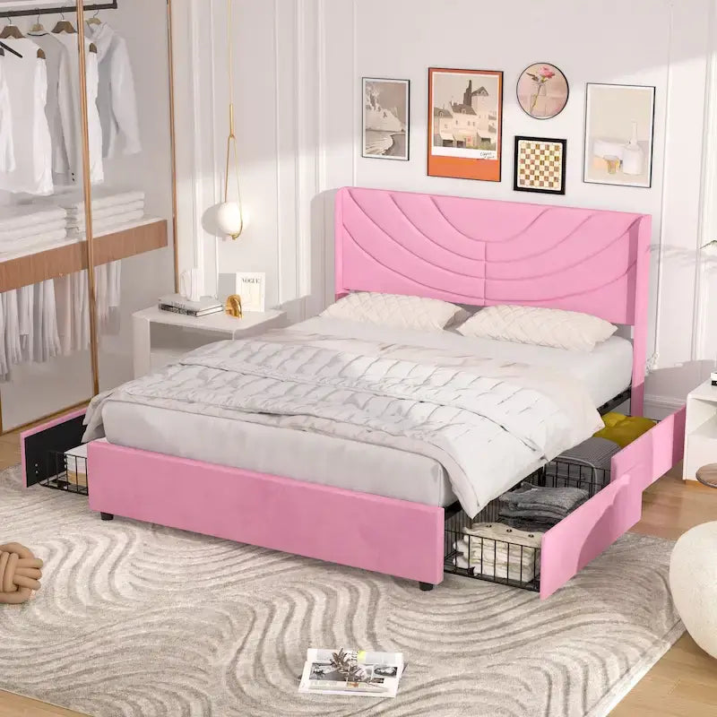 Upholstered Bed Frame with Headboard & 4 Storage Drawers