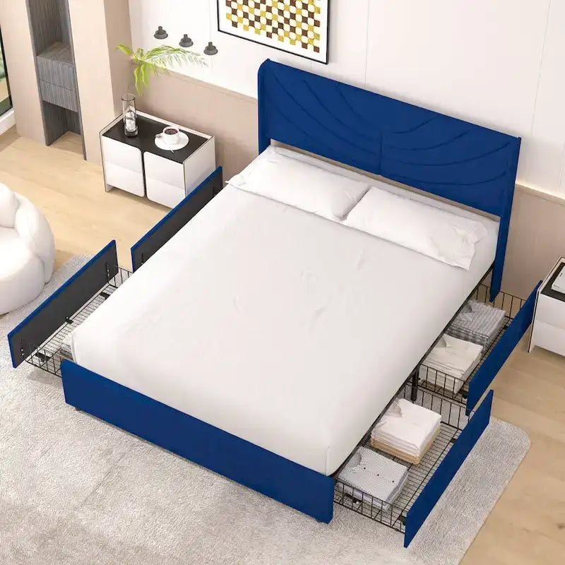 Upholstered Bed Frame with Headboard & 4 Storage Drawers