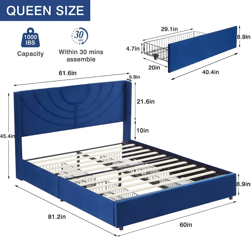 Upholstered Bed Frame with Headboard & 4 Storage Drawers