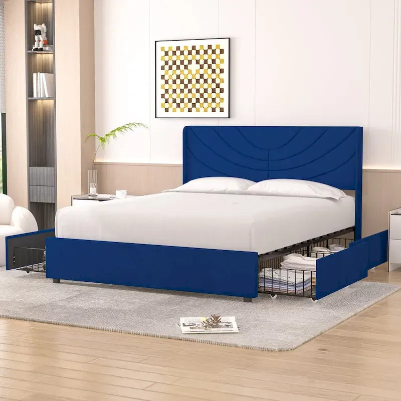 Upholstered Bed Frame with Headboard & 4 Storage Drawers