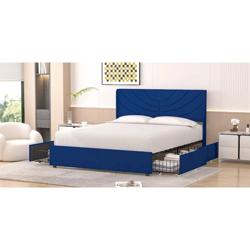 Upholstered Bed Frame with Headboard & 4 Storage Drawers
