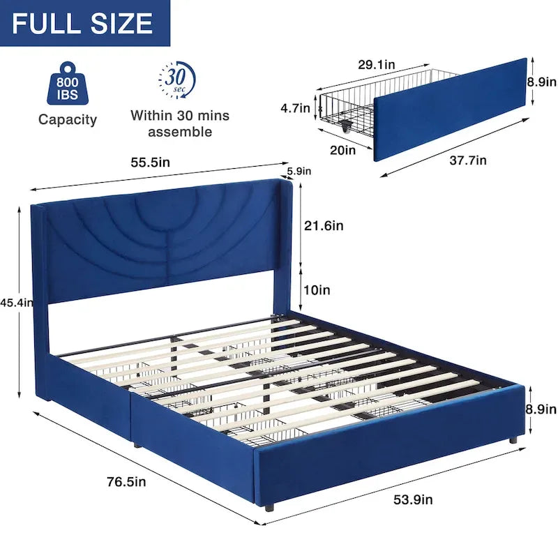 Upholstered Bed Frame with Headboard & 4 Storage Drawers