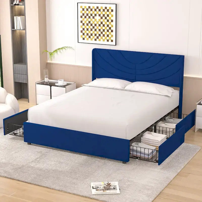Upholstered Bed Frame with Headboard & 4 Storage Drawers