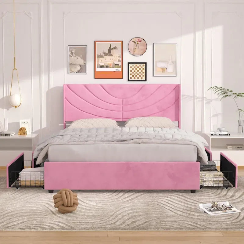 Upholstered Bed Frame with Headboard & 4 Storage Drawers