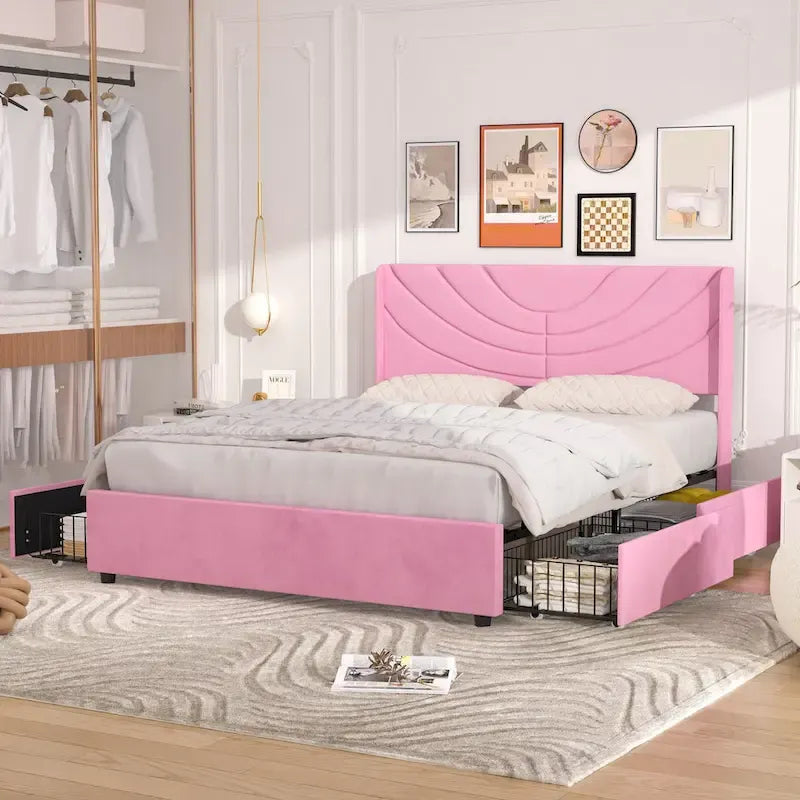 Upholstered Bed Frame with Headboard & 4 Storage Drawers