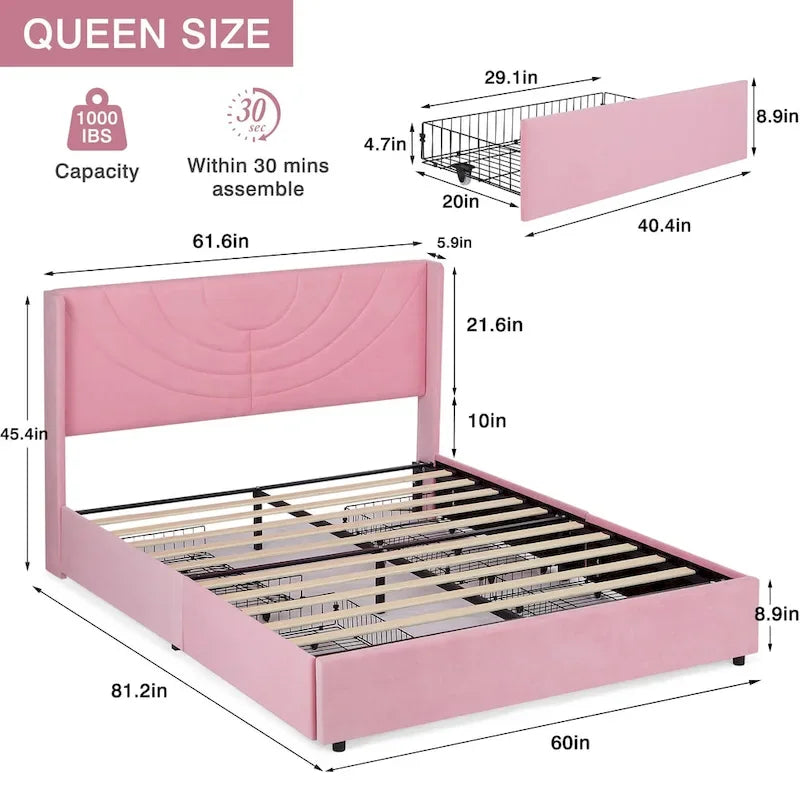 Upholstered Bed Frame with Headboard & 4 Storage Drawers