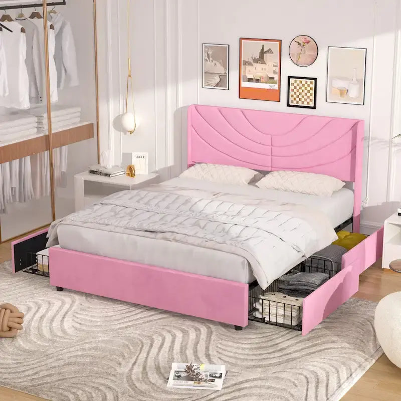 Upholstered Bed Frame with Headboard & 4 Storage Drawers