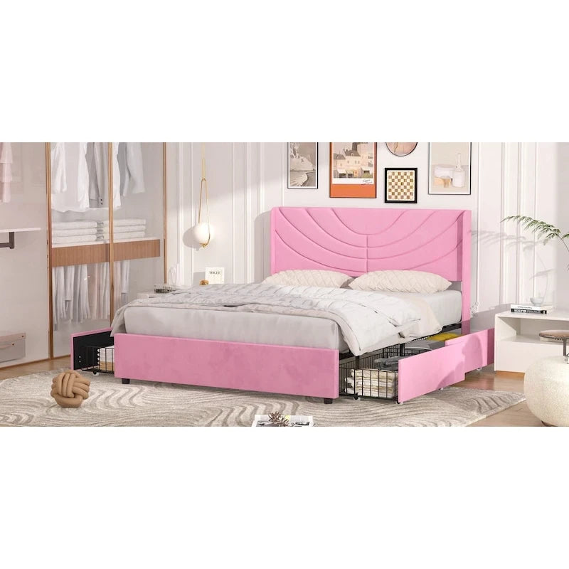 Upholstered Bed Frame with Headboard & 4 Storage Drawers