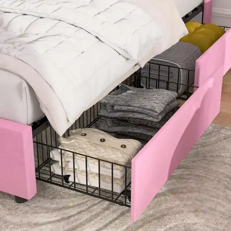Upholstered Bed Frame with Headboard & 4 Storage Drawers