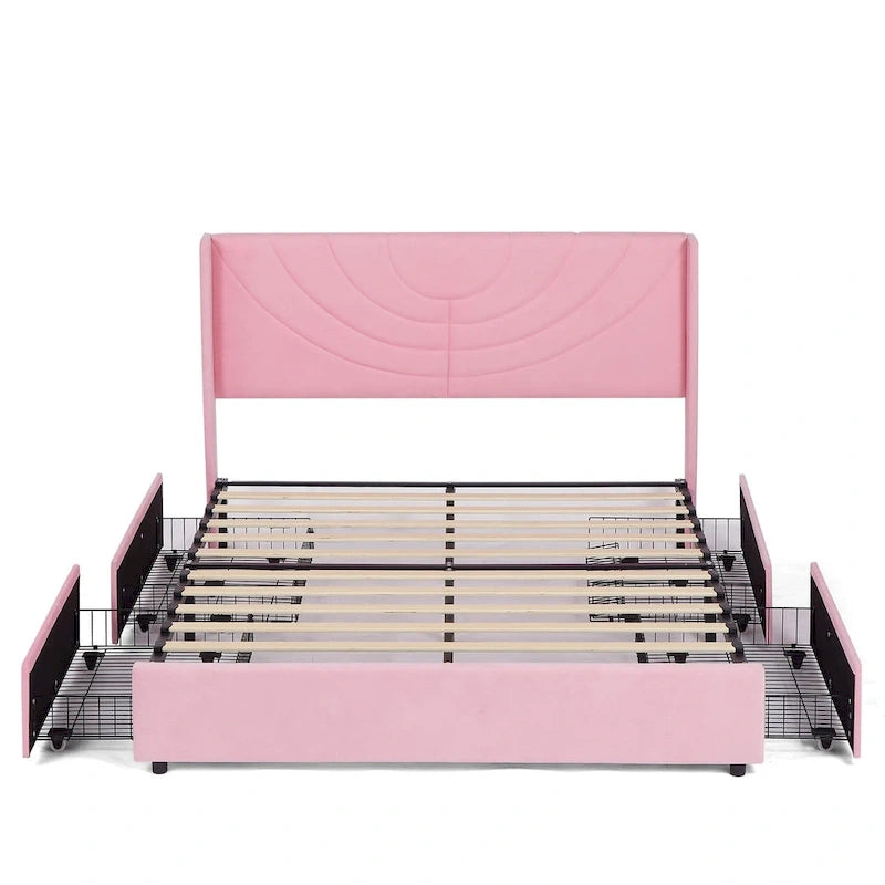 Upholstered Bed Frame with Headboard & 4 Storage Drawers