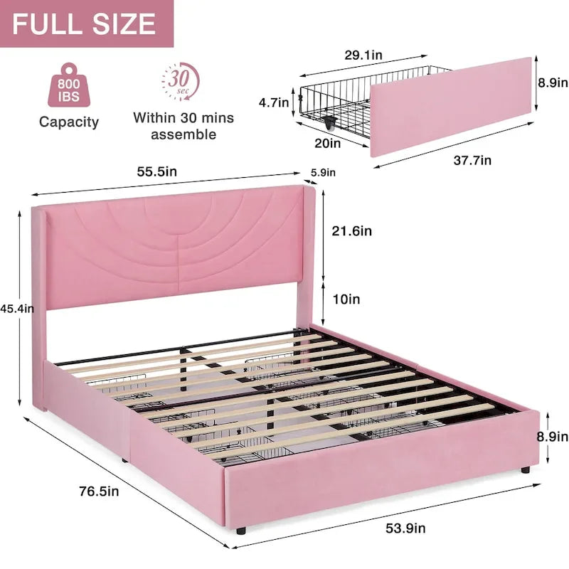 Upholstered Bed Frame with Headboard & 4 Storage Drawers