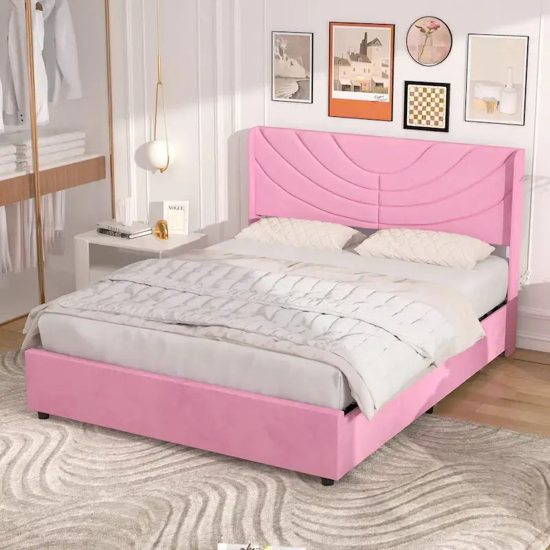 Upholstered Bed Frame with Headboard & 4 Storage Drawers