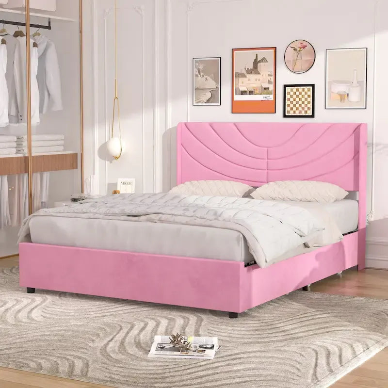 Upholstered Bed Frame with Headboard & 4 Storage Drawers