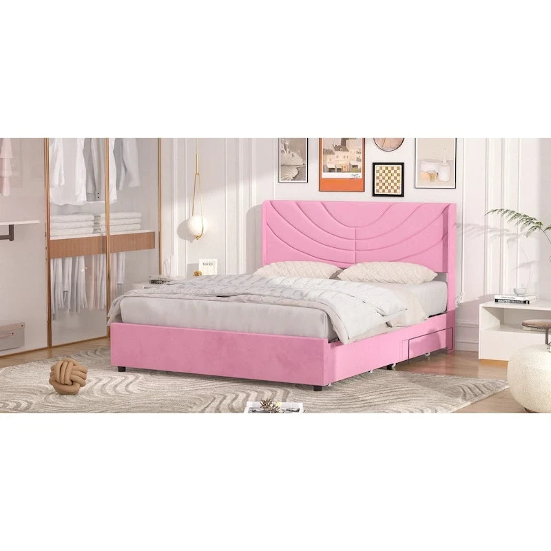 Upholstered Bed Frame with Headboard & 4 Storage Drawers