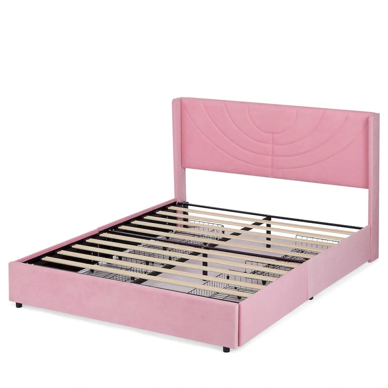 Upholstered Bed Frame with Headboard & 4 Storage Drawers