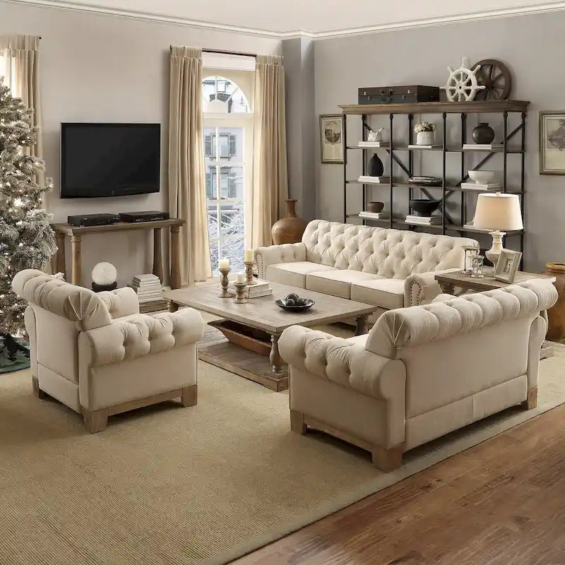 Tufted Scroll Arm Nailhead Chesterfield Chair by