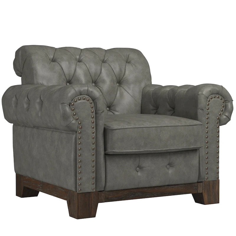 Tufted Scroll Arm Nailhead Chesterfield Chair by