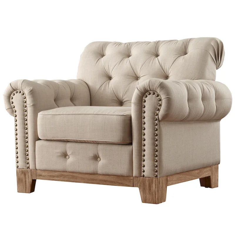 Tufted Scroll Arm Nailhead Chesterfield Chair by