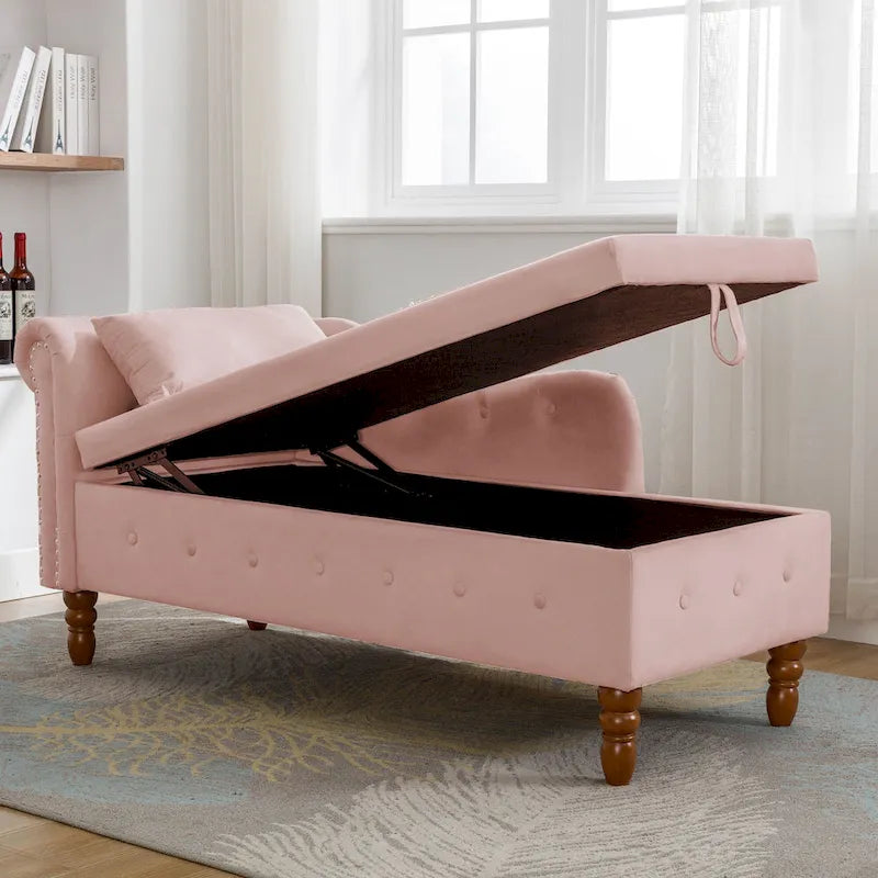 Velvet Upholstered Rolled Arm Chaise Lounge with Storage and Pillow