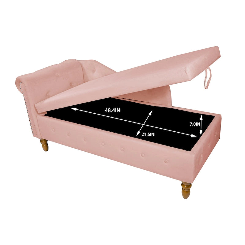 Velvet Upholstered Rolled Arm Chaise Lounge with Storage and Pillow