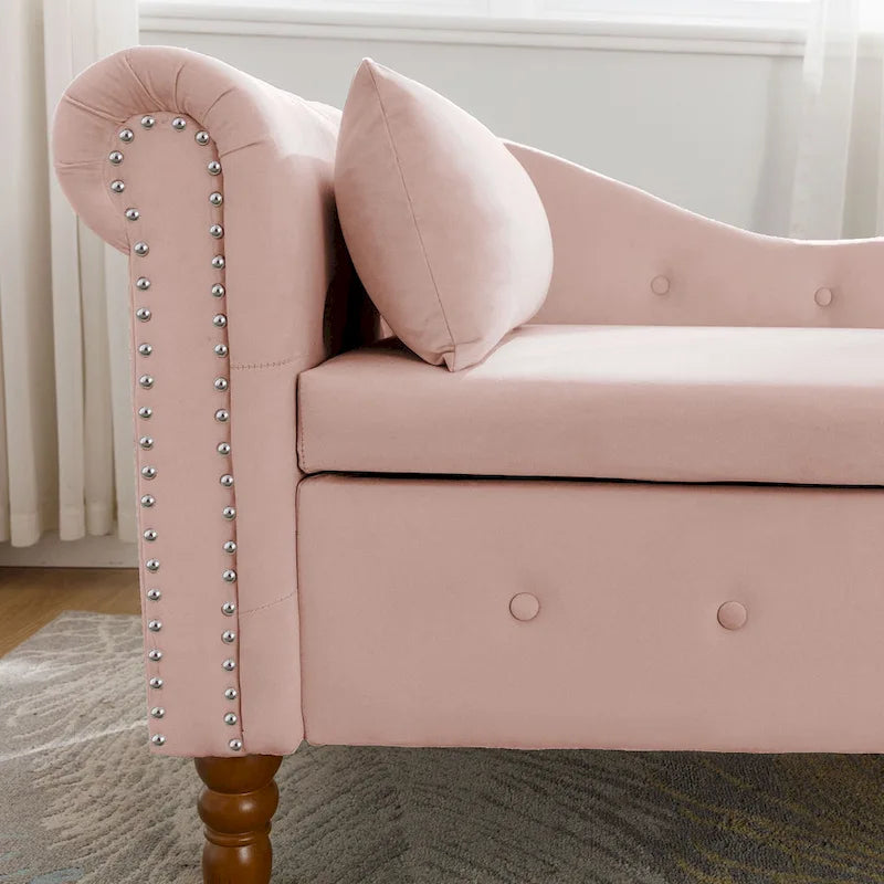 Velvet Upholstered Rolled Arm Chaise Lounge with Storage and Pillow