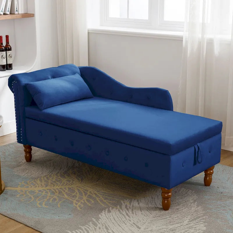 Velvet Upholstered Rolled Arm Chaise Lounge with Storage and Pillow
