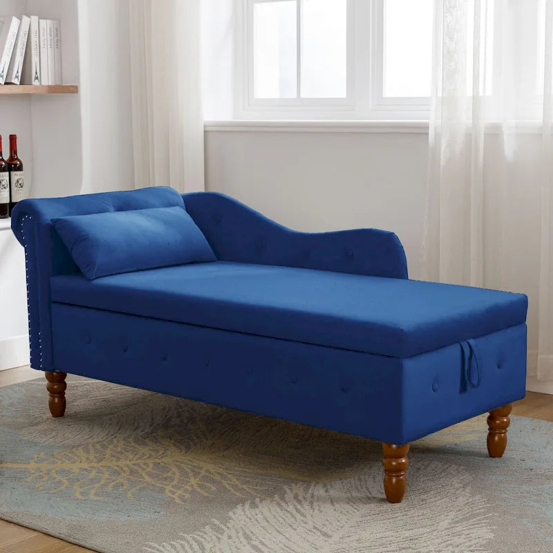 Velvet Upholstered Rolled Arm Chaise Lounge with Storage and Pillow