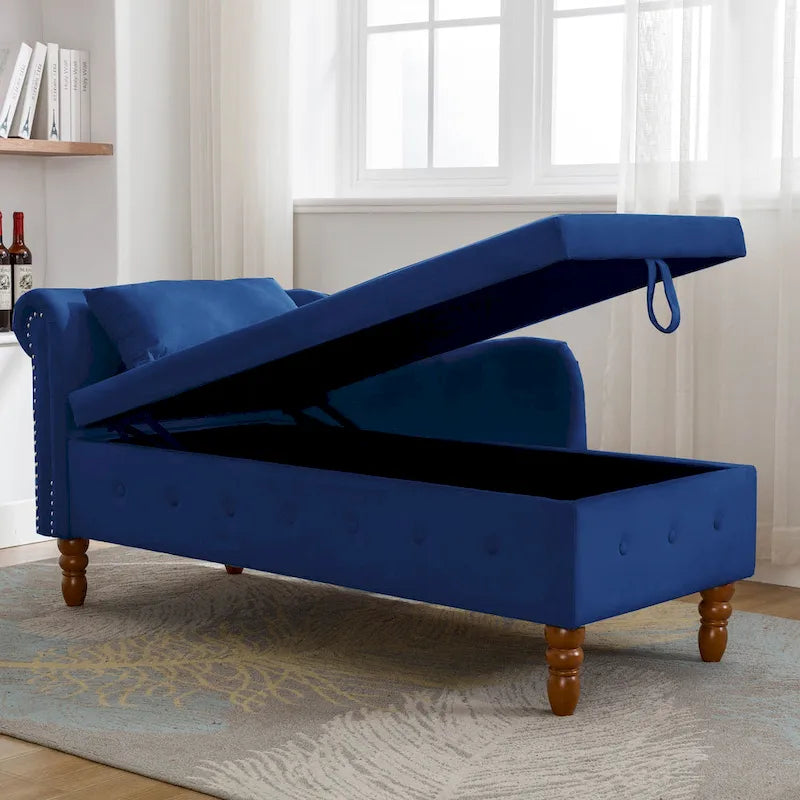 Velvet Upholstered Rolled Arm Chaise Lounge with Storage and Pillow