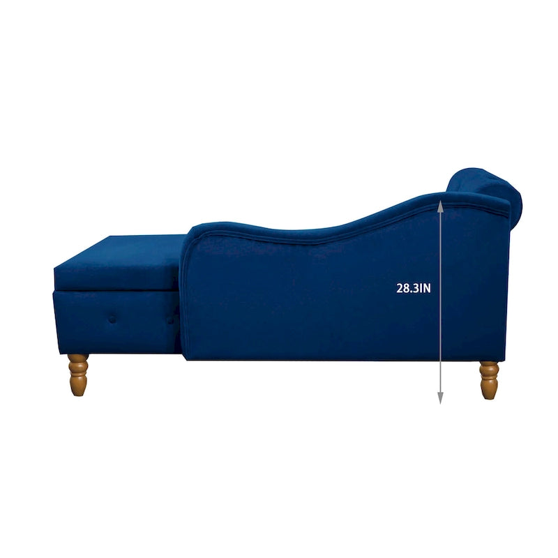 Velvet Upholstered Rolled Arm Chaise Lounge with Storage and Pillow
