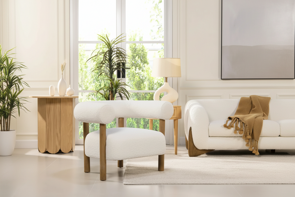 Poltrona de Realce 37" Barrel Boucle Estilo Moderno de Meados do Século com Pernas de Espiga
