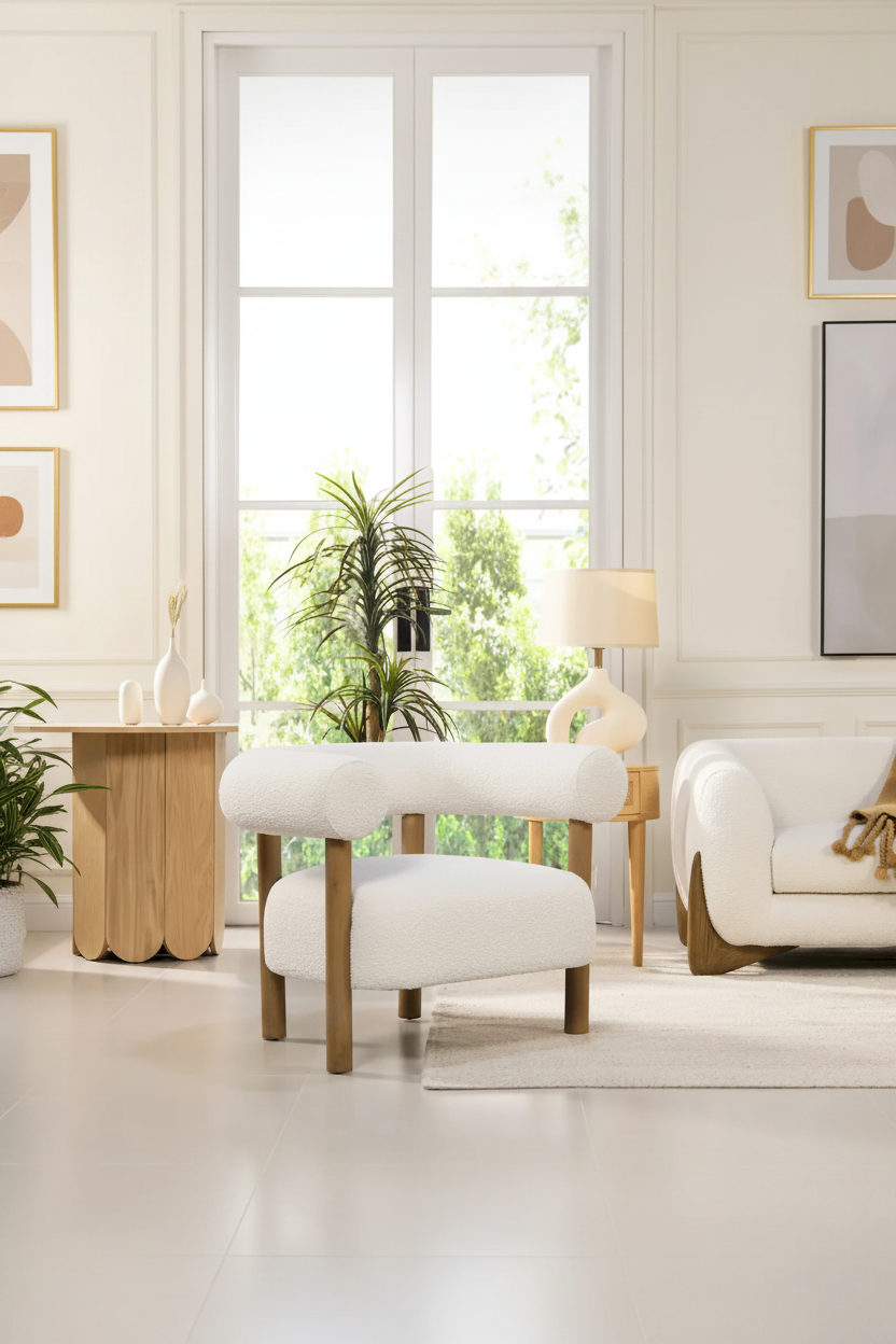 Poltrona de Realce 37" Barrel Boucle Estilo Moderno de Meados do Século com Pernas de Espiga