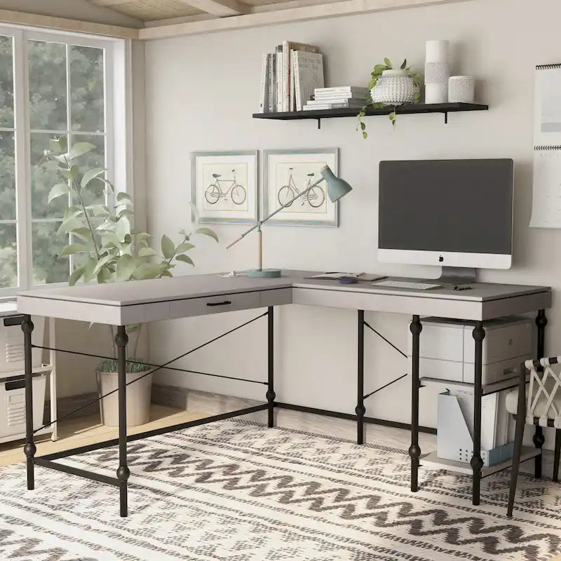 59-inch Metal L-Shaped Computer Desk with USBs by Furniture of America