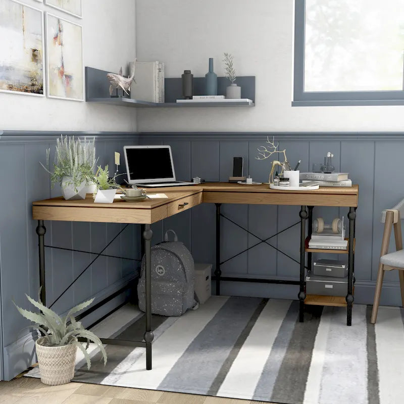 59-inch Metal L-Shaped Computer Desk with USBs by Furniture of America