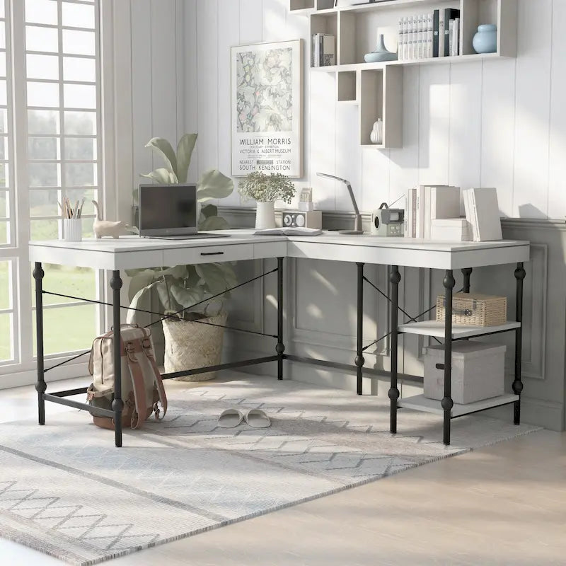 59-inch Metal L-Shaped Computer Desk with USBs by Furniture of America