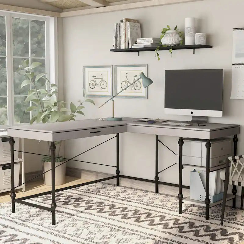 59-inch Metal L-Shaped Computer Desk with USBs by Furniture of America