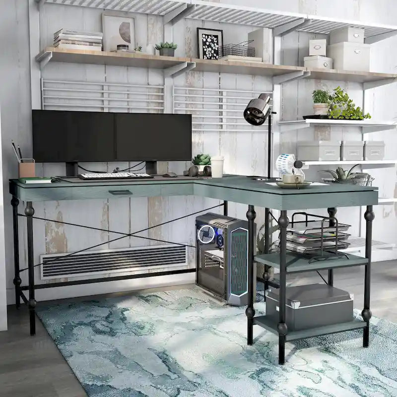 59-inch Metal L-Shaped Computer Desk with USBs by Furniture of America