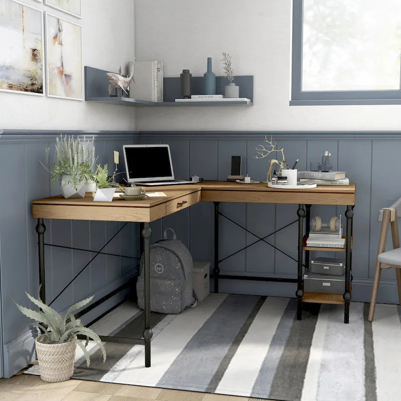 59-inch Metal L-Shaped Computer Desk with USBs by Furniture of America