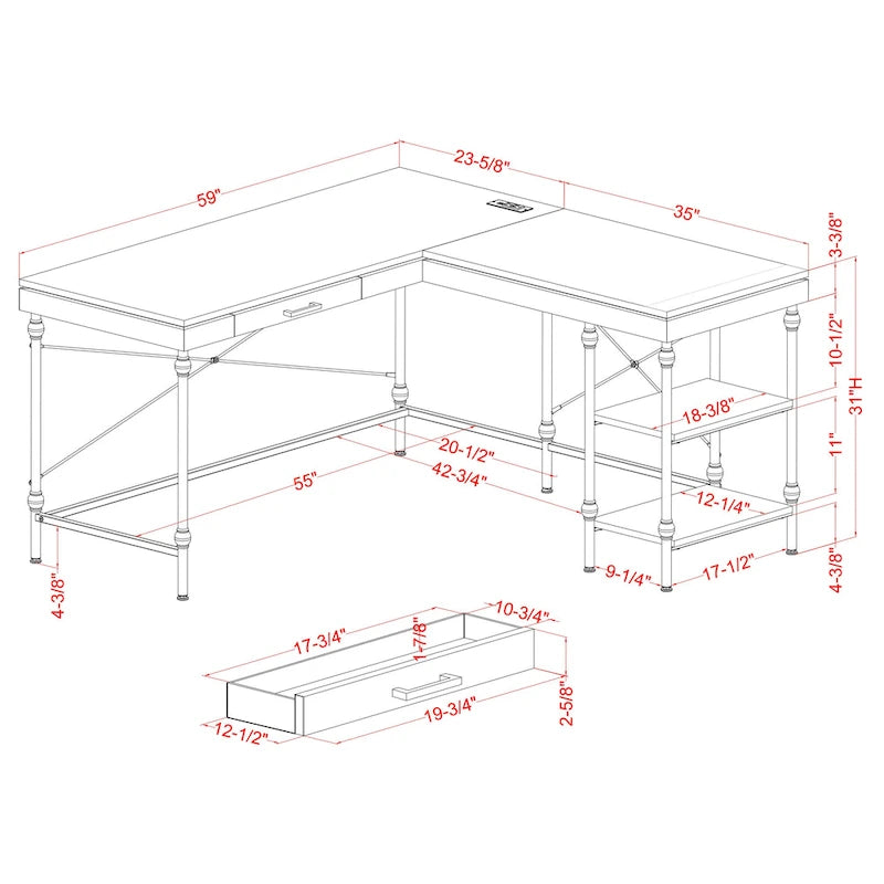 59-inch Metal L-Shaped Computer Desk with USBs by Furniture of America