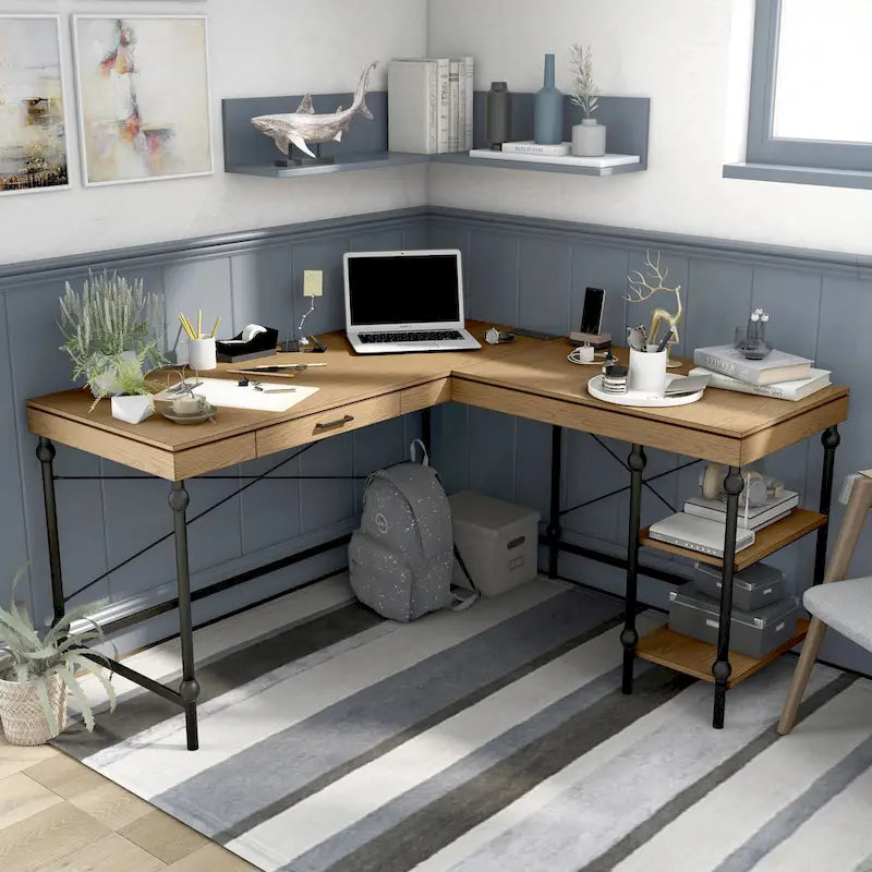 59-inch Metal L-Shaped Computer Desk with USBs by Furniture of America