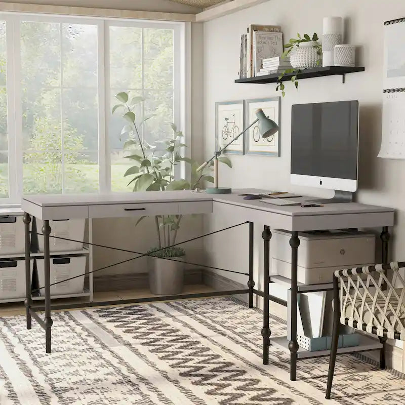 59-inch Metal L-Shaped Computer Desk with USBs by Furniture of America