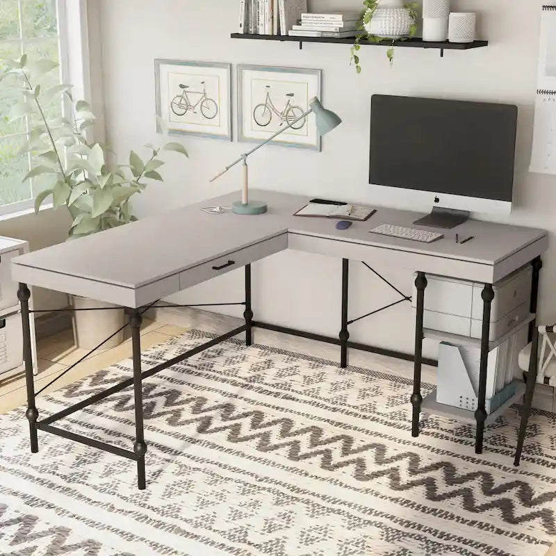 59-inch Metal L-Shaped Computer Desk with USBs by Furniture of America