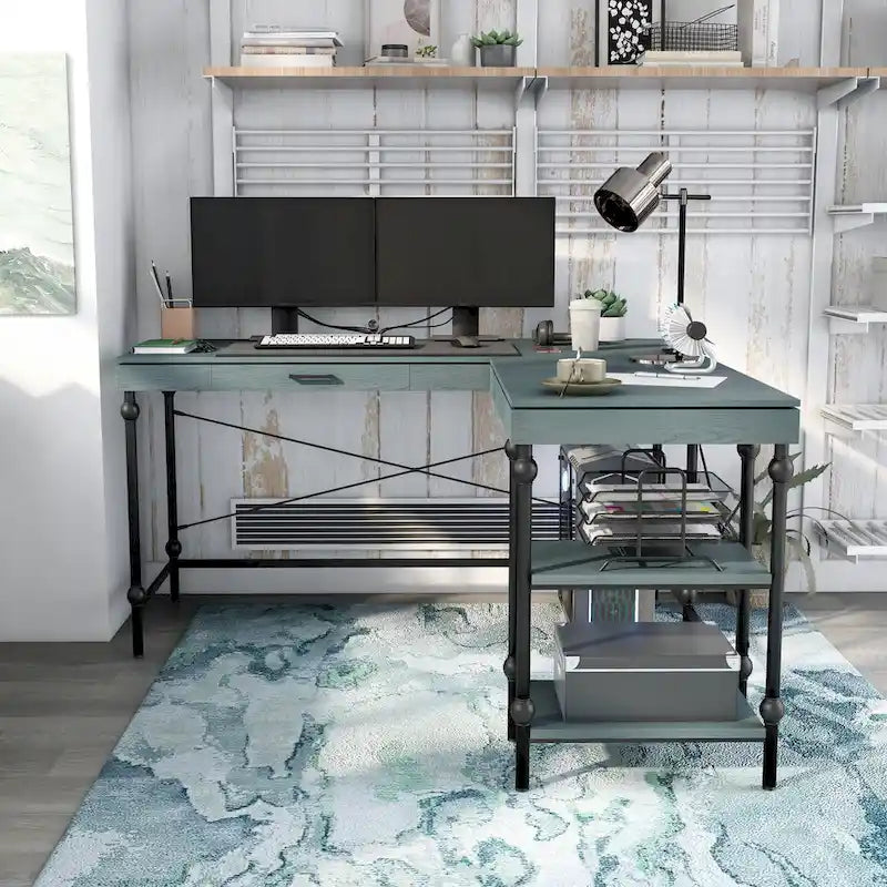 59-inch Metal L-Shaped Computer Desk with USBs by Furniture of America