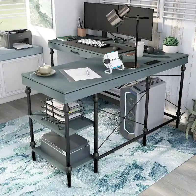 59-inch Metal L-Shaped Computer Desk with USBs by Furniture of America