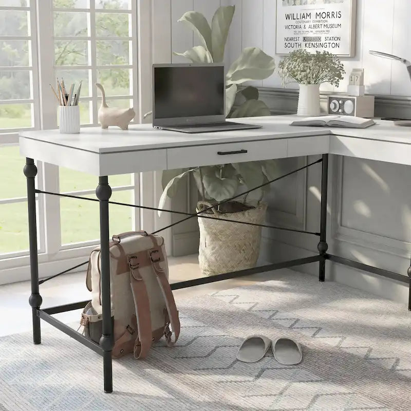 59-inch Metal L-Shaped Computer Desk with USBs by Furniture of America