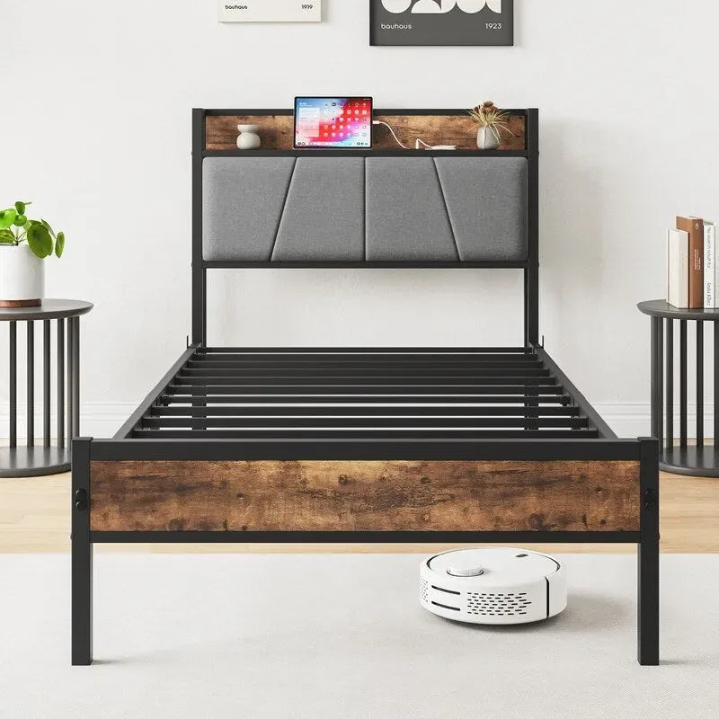 Metal&Wood Platform Bed with Storage Linen Headboard and Charging Station
